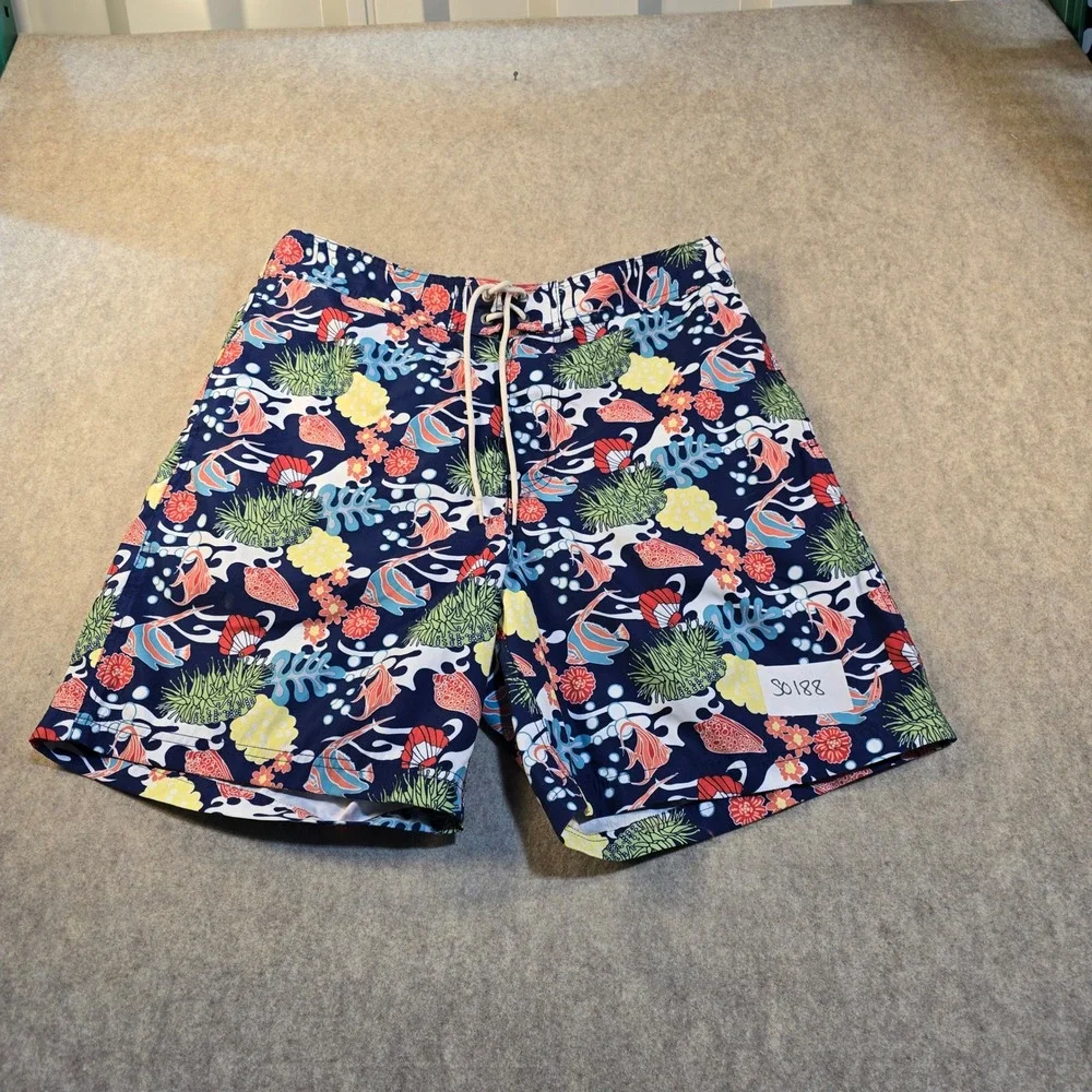 Nautica Mens Swim Trunks Large Navy Blue‎ Coral Fish Aquatic Print Board Shorts